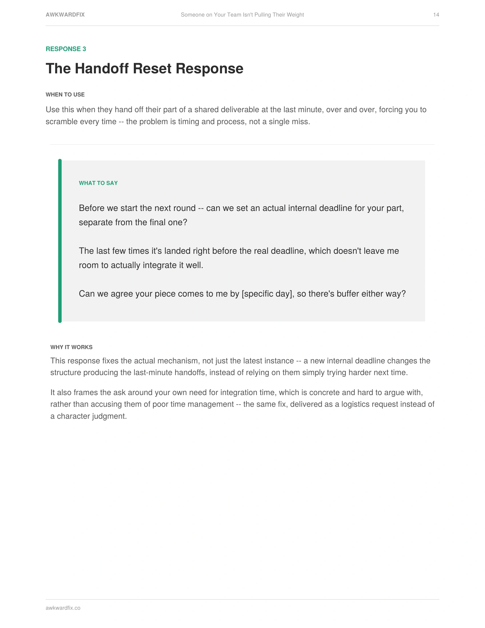 Actual interior page from Someone on Your Team Isn't Pulling Their Weight -- The Handoff Reset Response, Page 14