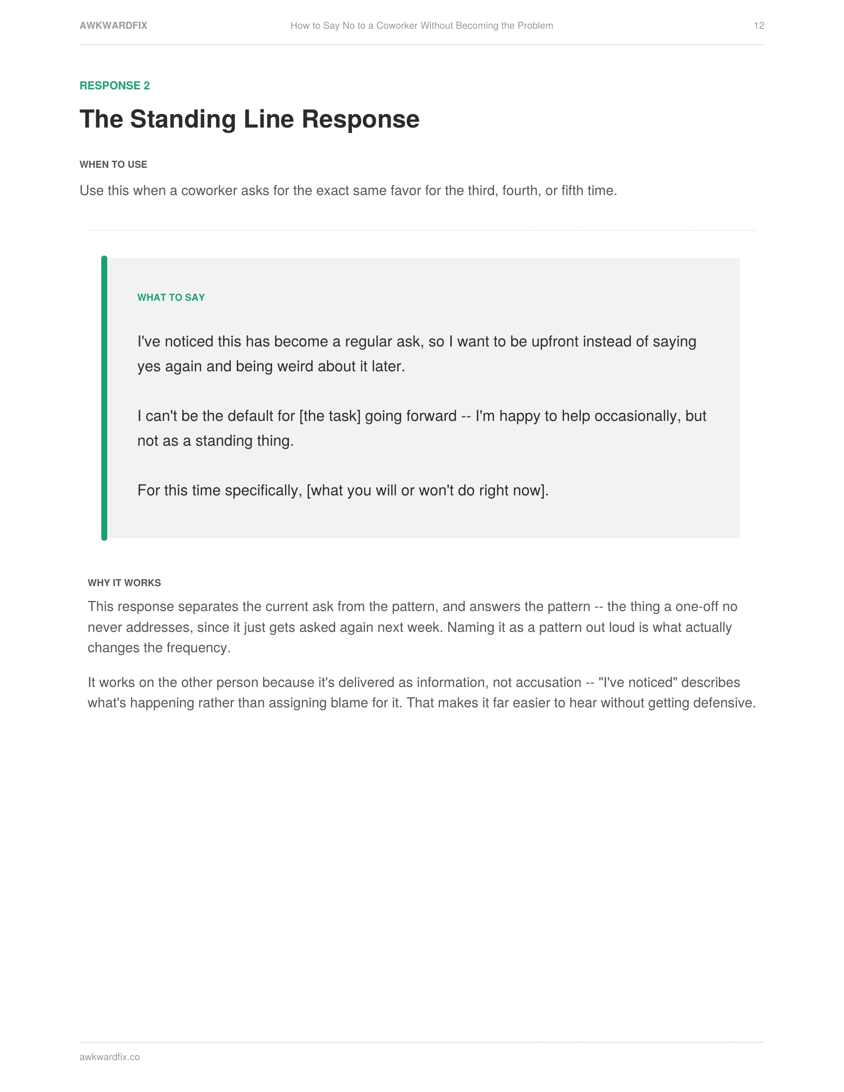 Actual interior page from How to Say No to a Coworker Without Becoming the Problem -- The Standing Line Response, Page 12