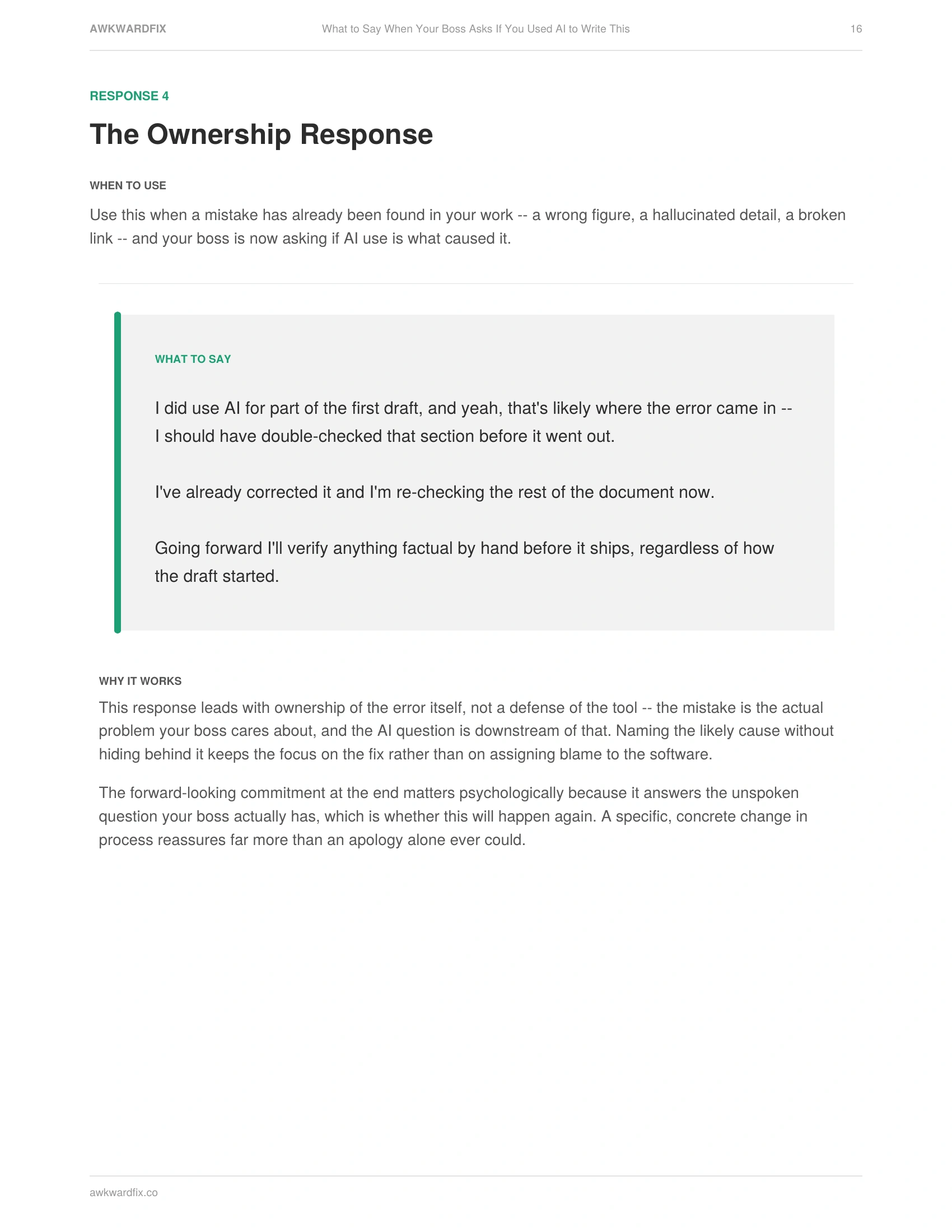 Actual interior page from What to Say When Your Boss Asks If You Used AI to Write This -- The Ownership Response, Page 16