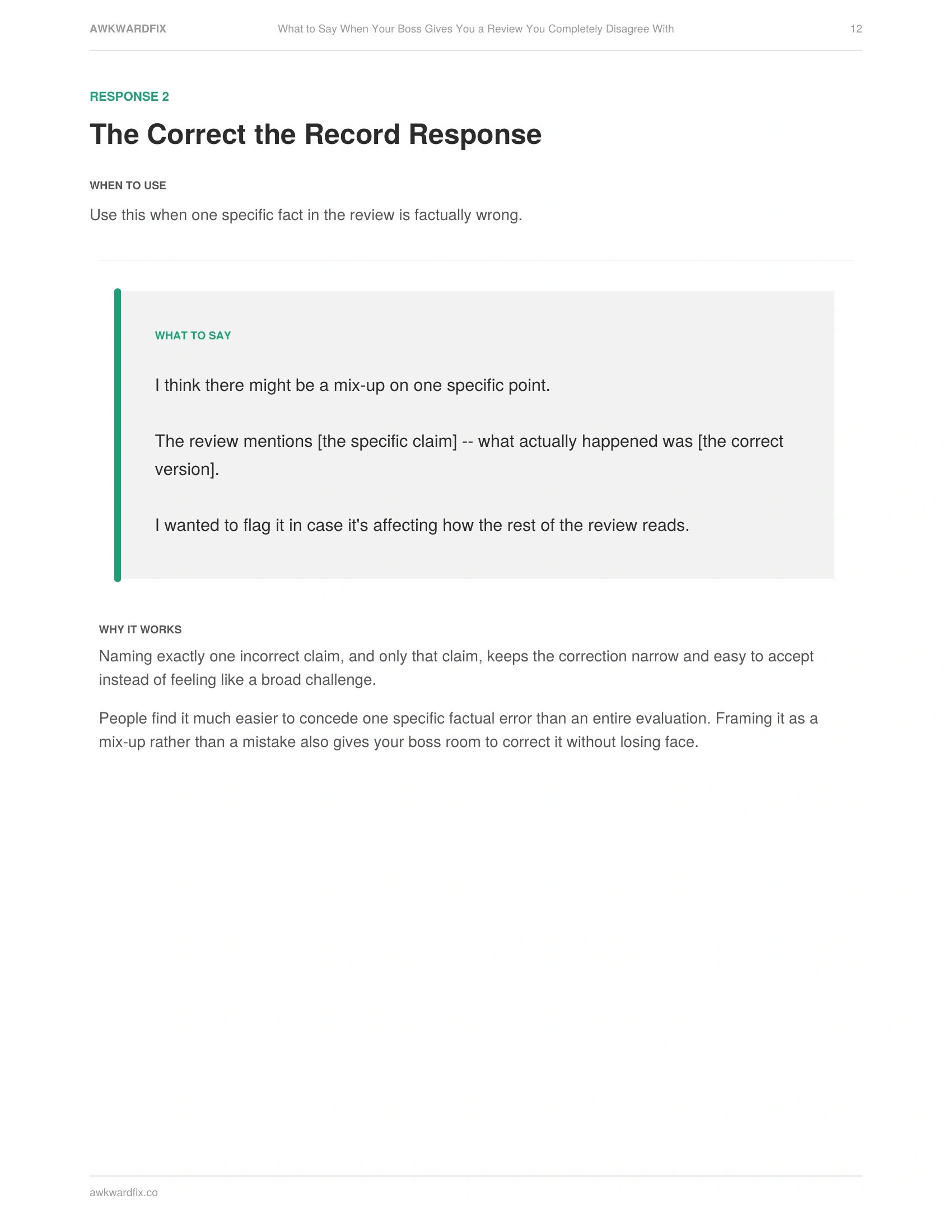 Actual interior page from What to Say When Your Boss Gives You a Review You Completely Disagree With -- The Correct the Record Response, Page 12