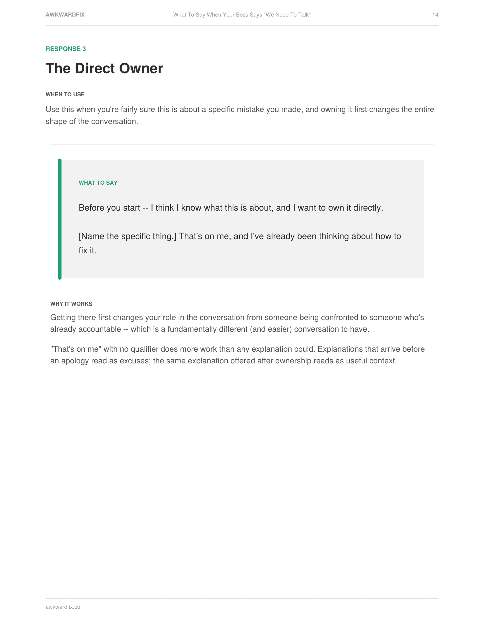 Actual interior page from What To Say When Your Boss Says "We Need To Talk" -- The Direct Owner, Page 14