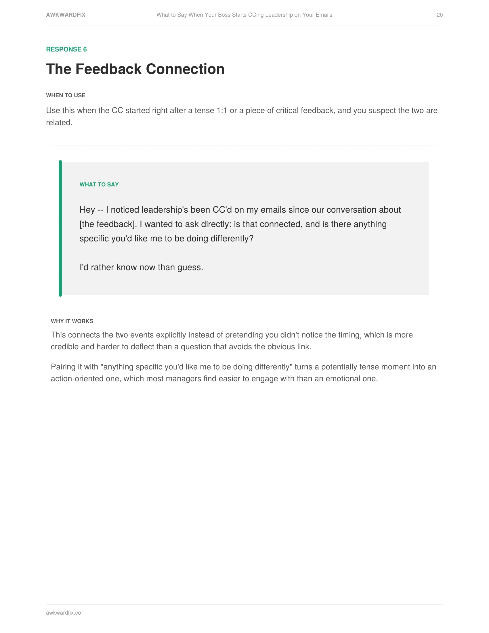 Actual interior page from What to Say When Your Boss Starts CCing Leadership on Your Emails -- The Feedback Connection, Page 20