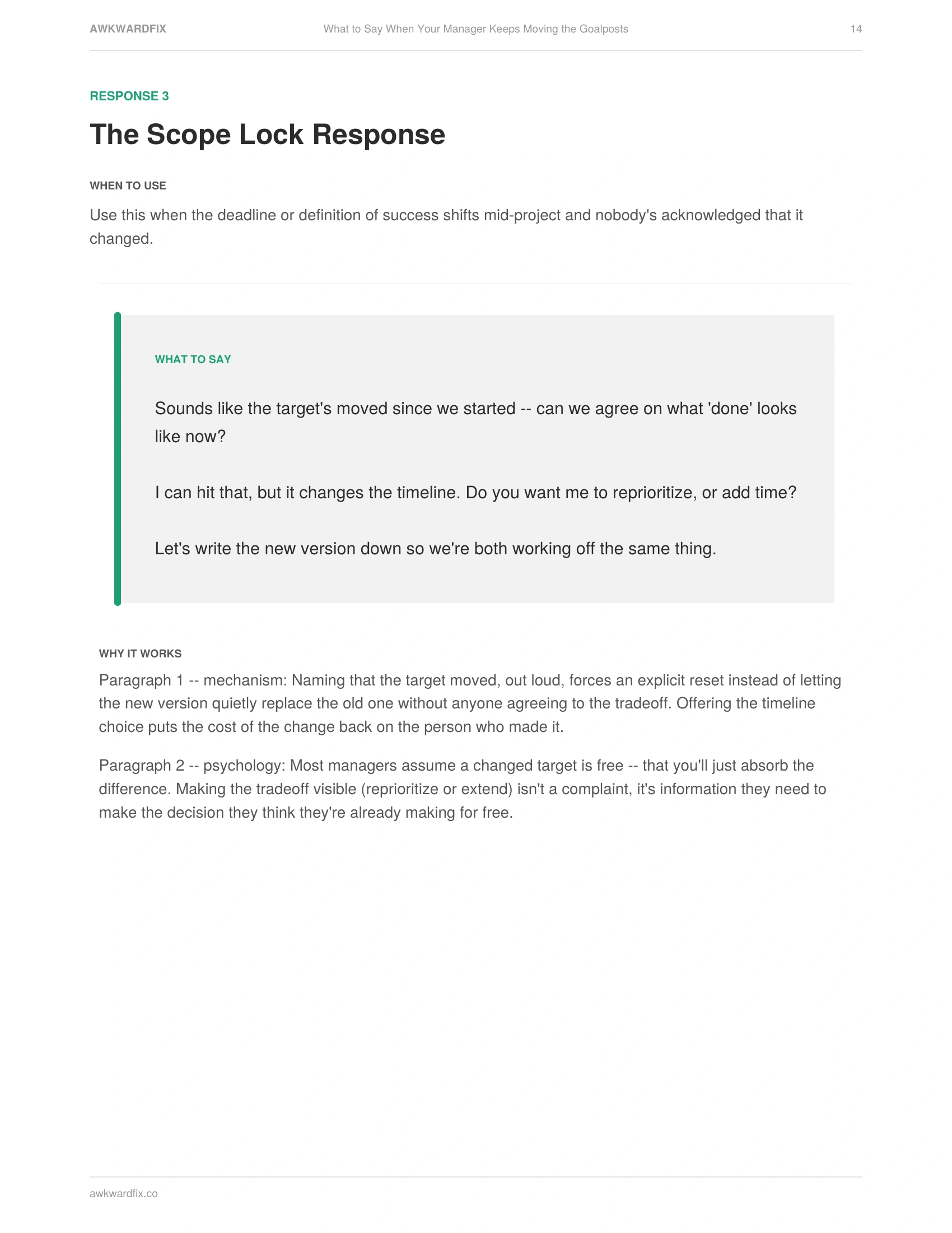 Actual interior page from What to Say When Your Manager Keeps Moving the Goalposts -- The Scope Lock Response, Page 14