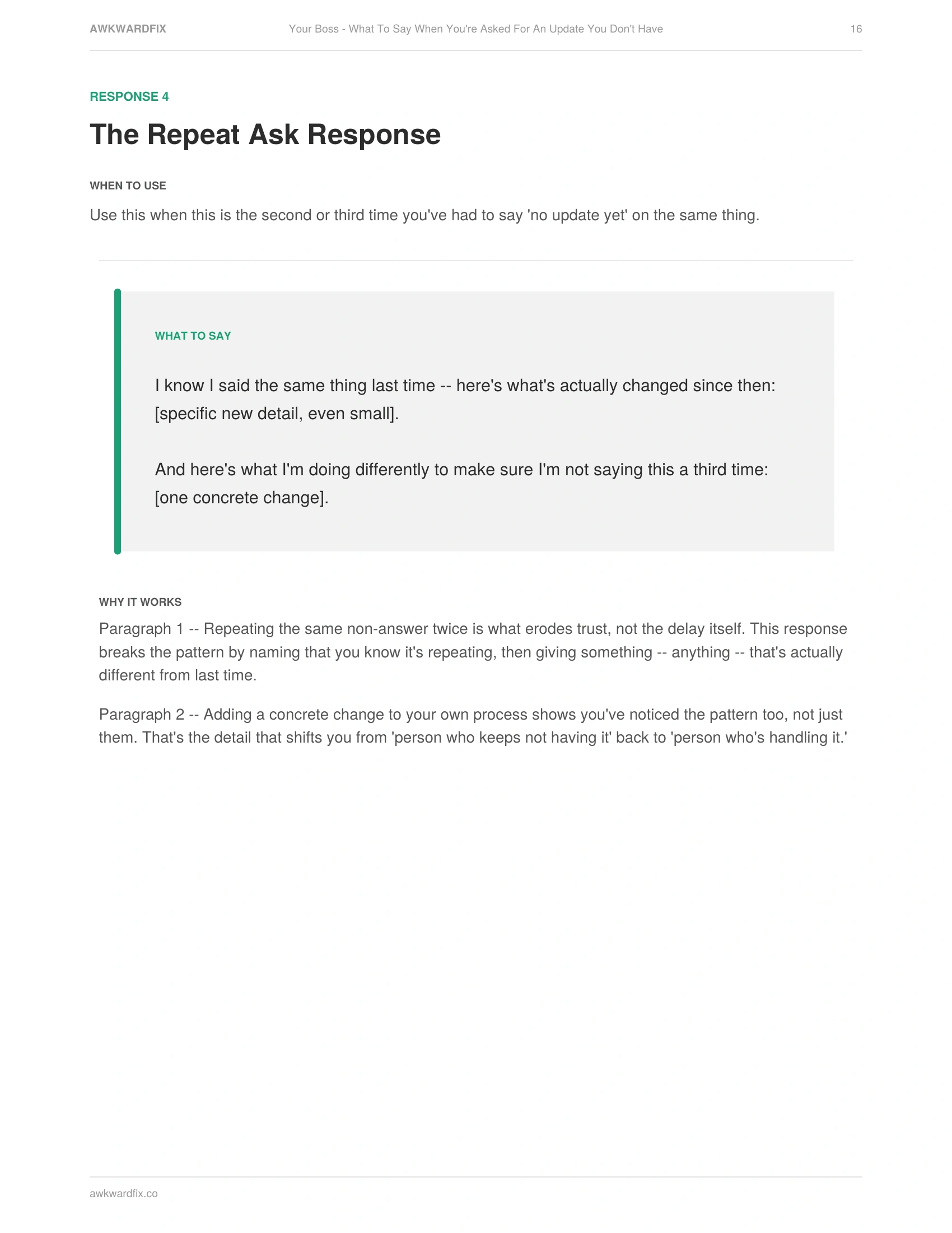 Actual interior page from Your Boss - What To Say When You're Asked For An Update You Don't Have -- The Repeat Ask Response, Page 16